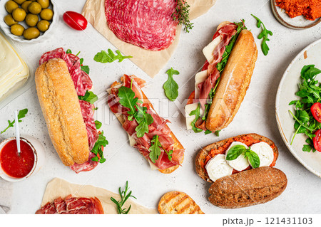 Assorted delicious baguette sandwiches 121431103