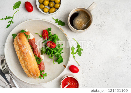 Assorted delicious baguette sandwiches 121431109