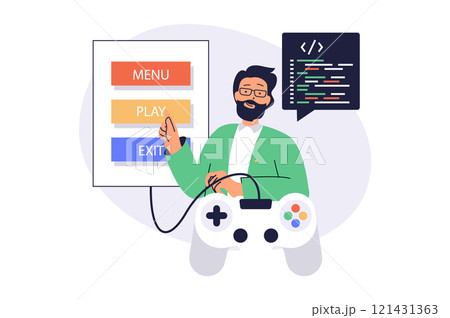 Video game developer web concept with flat cartoon people for website design. Man programming and coding at game project, creating navigation buttons with menu, play and exit. Vector illustration. 121431363