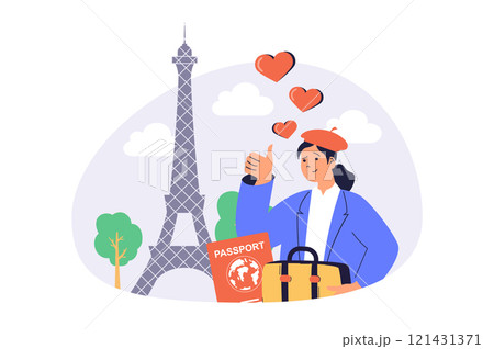 Travel and tourism web concept with flat cartoon people for website design. Woman with suitcase visiting France and enjoying landmarks and architecture, sightseeing Eiffel tower. Vector illustration. 121431371