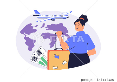Travel and tourism web concept with flat cartoon people for website design. Woman with luggage booking airline tickets and flying in global trip with visiting new countries. Vector illustration. 121431380