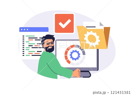 System administrator web concept with flat cartoon people for website design. Man doing optimization to programs of server infrastructure, fixing program code and monitoring. Vector illustration. 121431381
