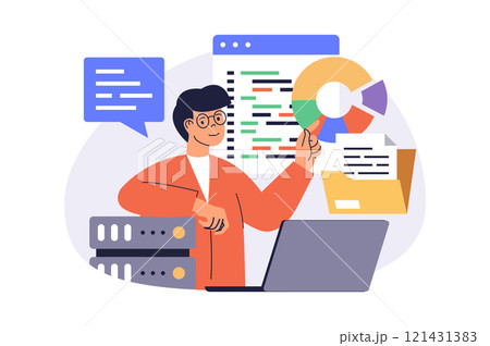 System administrator web concept with flat cartoon people for website design. Man does maintenance to server infrastructure, fixing program code, saving files at data center. Vector illustration. 121431383