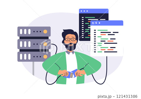 System administrator web concept with flat cartoon people for website design. Man monitoring server infrastructure, does maintenance update and optimization, fixing code problems. Vector illustration. System administrator web concept with flat cartoon people for website design. Man monitoring server infrastructure, does maintenance update and optimization, fixing code problems. Vector illustration. 121431386