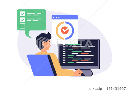 Software testing web concept with flat cartoon people for website design. Man works as tester, making code analysis, finding bugs and errors in program, fixing and debugging code. Vector illustration. 121431407
