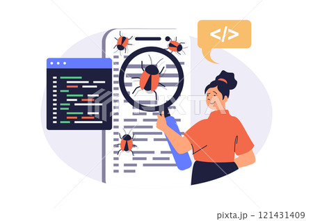 Software testing web concept with flat cartoon people for website design. Woman with magnifier looking for software error, finding bugs in program code, fixing and debugging code. Vector illustration. 121431409