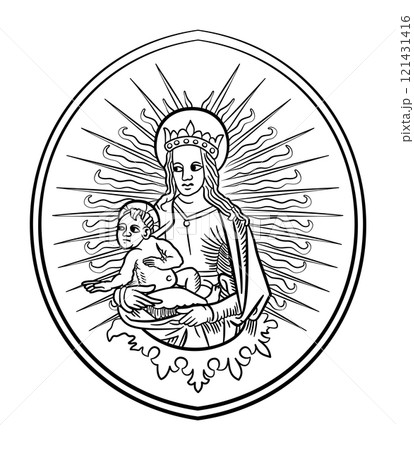 Virgin Mary holding Jesus Christ, the son of God, behind them divine rays of light, surrounded by a lens shaped frame, a reminiscent of a vesica piscis. Based on a French medieval woodcut from 1525. 121431416