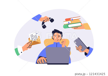 Multitasking web concept with flat cartoon people for website design. Man doing work tasks and organisation routines in office, coding at laptop, doing paperwork, shopping online. Vector illustration. Multitasking web concept with flat cartoon people for website design. Man doing work tasks and organisation routines in office, coding at laptop, doing paperwork, shopping online. Vector illustration. 121431425