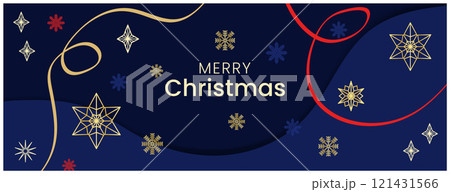 Christmas greetings banner with swirl ribbons and gold and red stars on dark blue color background. Christmas greetings banner with swirl ribbons and gold and red stars on dark blue color background. 121431566