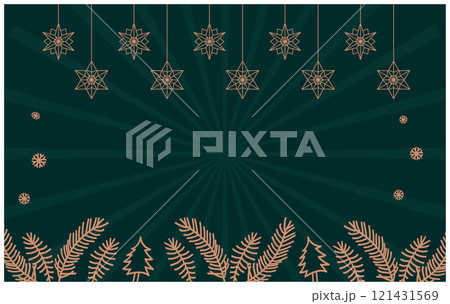Green Christmas Background with Gold Leaves and Stars Hanging Decoration - Vector Illustration 121431569
