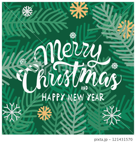 Merry Christmas and Happy New Year lettering with snowflake and green pine leaves and background.Vector illustration 121431570