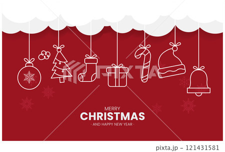 Merry Christmas Text with Hanging Elements on Red Background - Vector illustration Merry Christmas Text with Hanging Elements on Red Background - Vector illustration 121431581