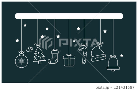 Hanging Christmas Icons Decorations with Lamp, Tree, Shoes, Candies, Santa Hat, and Bell on Green Background Hanging Christmas Icons Decorations with Lamp, Tree, Shoes, Candies, Santa Hat, and Bell on Green Background 121431587