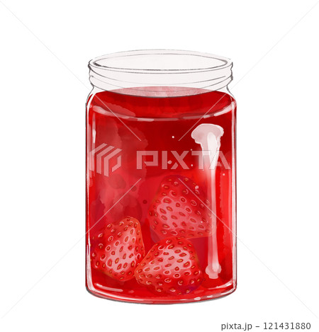 Glass jar with jam. Strawberry dessert. Hand drawn illustration on white. Glass jar with jam. Strawberry dessert. Hand drawn illustration on white. 121431880