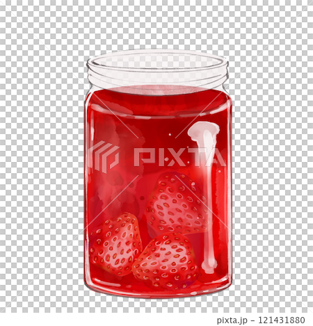 Glass jar with jam. Strawberry dessert. Hand drawn illustration on white. Glass jar with jam. Strawberry dessert. Hand drawn illustration on white. 121431880