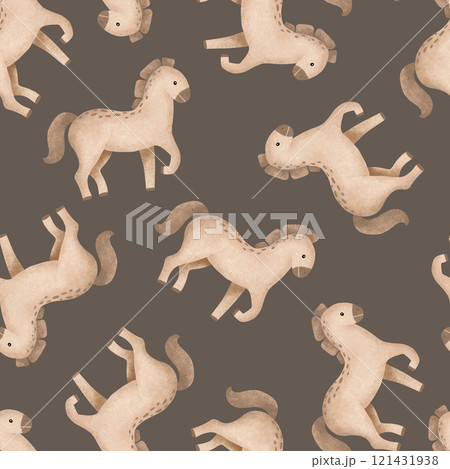 Seamless pattern with cartoon animal. Hand drawn illustration of beige brown cute horse on isolated background. Minimalist scandinavian repeat pattern. Even-toed ungulates. Rural farm animals. 121431938