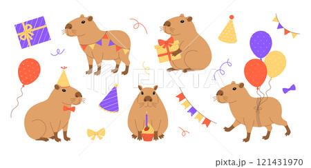 Funny festive capybaras set with gifts, balloons, party hats, garlands, bows and cupcake. Cute capibaras in different poses for holiday greeting card, banner. Vector flat illustration for birthday Funny festive capybaras set with gifts, balloons, party hats, garlands, bows and cupcake. Cute capibaras in different poses for holiday greeting card, banner. Vector flat illustration for birthday 121431970