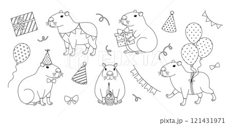 Funny festive capybaras coloring page. Outline set with gifts, balloons, party hats, garlands, bows and cupcake. Cute capibaras in different poses for greeting card, banner. Coloring book for print Funny festive capybaras coloring page. Outline set with gifts, balloons, party hats, garlands, bows and cupcake. Cute capibaras in different poses for greeting card, banner. Coloring book for print 121431971