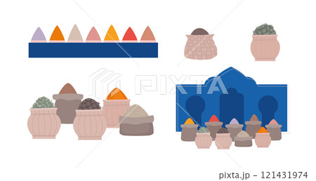 Eastern asian arabic spice market with bags, baskets. Oriental moroccan bazaar elements vector illustration. Simple arabian shop. 121431974