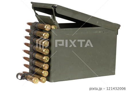 .50 BMG caliber machine gun ammunition belt with cartridges in ammunition can. 121432006