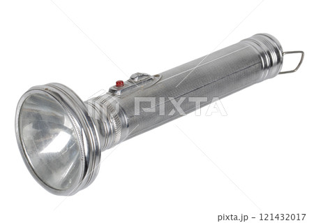 retro vintage battery powered flashlight isolated on white 121432017