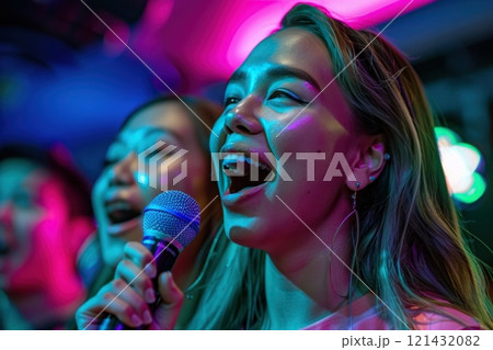 Two cheerful young Asian women singing karaoke in a private room with colorful lights. 121432082