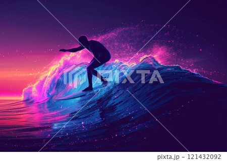 Silhouette of a surfer riding a massive wave at sunset with a vibrant and colorful sky 121432092
