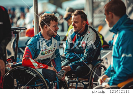 Two male wheelchair athletes in a friendly conversation before the game 121432112