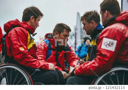 Four men, stylish warm jackets, conversation outdoors, near modern office building, sunny day 121432113