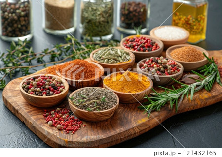 Assortment of Colorful Spices and Herbs in Wooden Bowls on Rustic Table 121432165