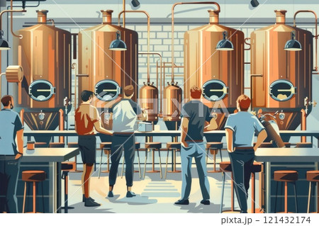 Craft Beer Brewery Interior With Customers Enjoying Fresh Brews And Rows of Aging Barrels 121432174