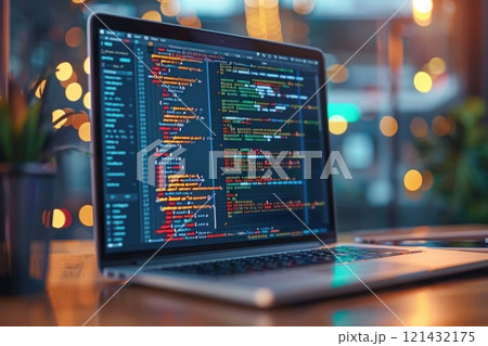 Modern Laptop Displaying Colorful Programming Code with Blurred Lights in Technology Workspace Modern Laptop Displaying Colorful Programming Code with Blurred Lights in Technology Workspace 121432175