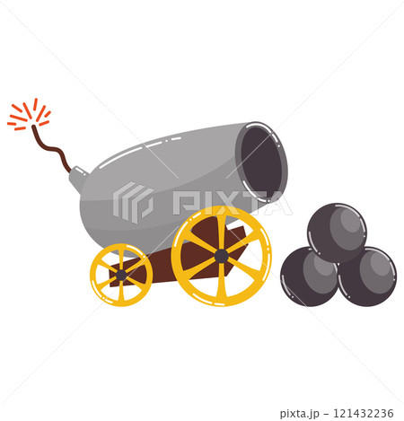 Cartoon ship cannon with cannonballs in flat style isolated on white background. Cartoon ship cannon with cannonballs in flat style isolated on white background. 121432236