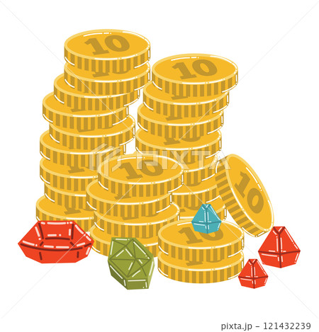 Cartoon stacks of coins and gems in flat style. Treasure or bank deposit. 121432239