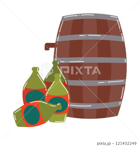 Cartoon empty rum bottles and a barrel of alcoholic drink. Ship's pirate booze. Cartoon empty rum bottles and a barrel of alcoholic drink. Ship's pirate booze. 121432249