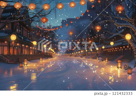 Snowy street with charming red lanterns glowing in the peaceful winter evening Snowy street with charming red lanterns glowing in the peaceful winter evening 121432333