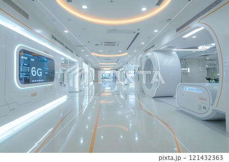 Futuristic white hospital corridor with glowing walls and digital displays Futuristic white hospital corridor with glowing walls and digital displays 121432363