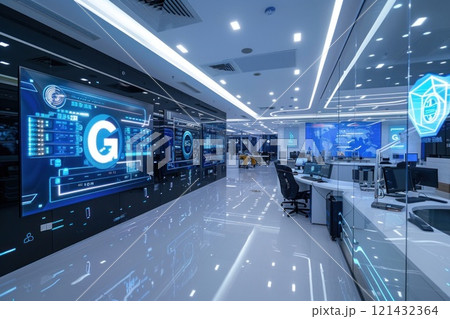 Futuristic interior of a modern office space with glass walls and blue glowing lights Futuristic interior of a modern office space with glass walls and blue glowing lights 121432364