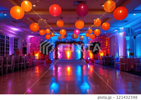 Colorful paper lanterns hanging in a wedding venue with vibrant lighting 121432398