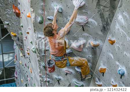 Focused male rock climber ascends challenging wall using strength and skill in bouldering gym. Focused male rock climber ascends challenging wall using strength and skill in bouldering gym. 121432422