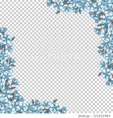 A frame of forget-me-nots flowers. A hand-drawn watercolor illustration in vintage style. Highlight it. For greeting cards and birthday or wedding invitations. For packaging, labels and posters. 121432464