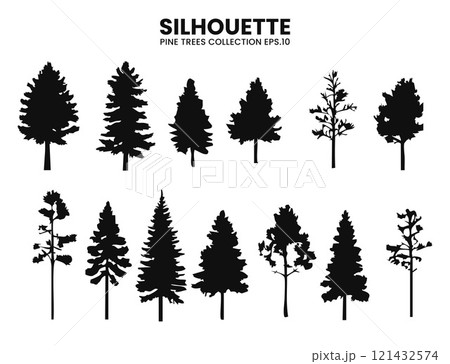 Pines tree silhouettes in various styles.Vector illustration	 121432574