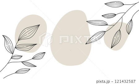 Minimal abstract background with black leaves line art located on the sides of the template	 121432587