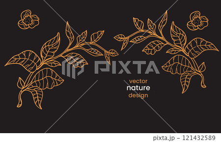 Vector Nature Set .Gold Line Art Design of Tea Tree and Bush isolated on black background Vector Nature Set .Gold Line Art Design of Tea Tree and Bush isolated on black background 121432589