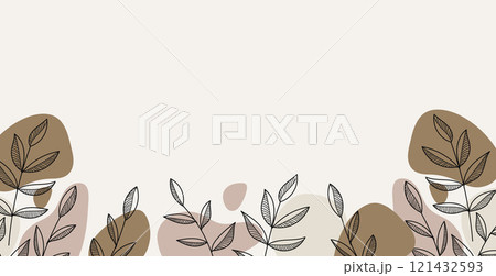 Floral Web Banner Hand-Drawn Leaves line art and Abstract Stones.Vector illustration 121432593