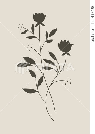 Vintage wildflower silhouettes in brown with trees and branches.	 121432596