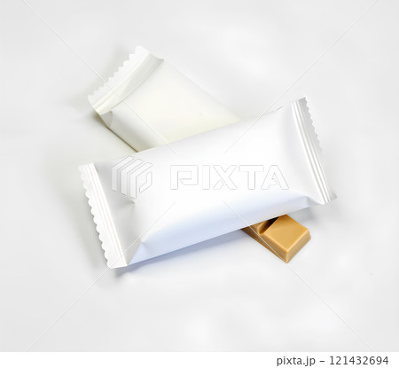 Blank white candy bar plastic wrap mockup isolated. Closed and opened chocolate bar packaging wrapper template. Choco factory logo candybar package mock up. Sweet pastry shop energy bar container. 121432694