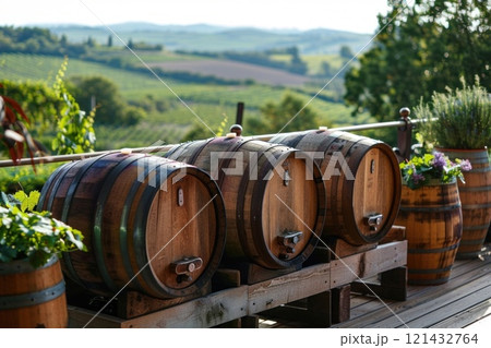 Rustic wine barrels on a winery terrace with a scenic view of vineyards and hills 121432764