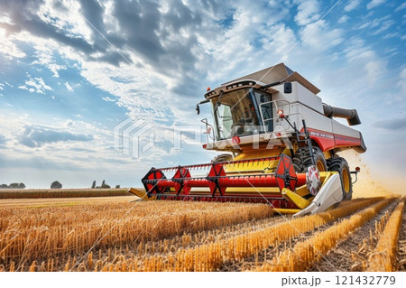 Modern combine harvester machine harvesting golden ripe wheat field under dramatic sky 121432779