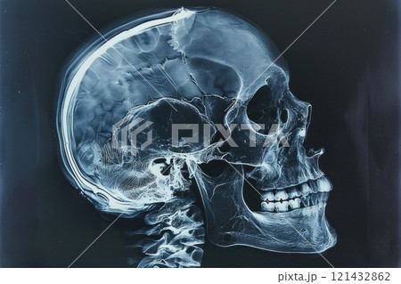 Human Skull Cross-Section with Brain, Eyes, Teeth, Spine on Black Background, Medical Illustration 121432862